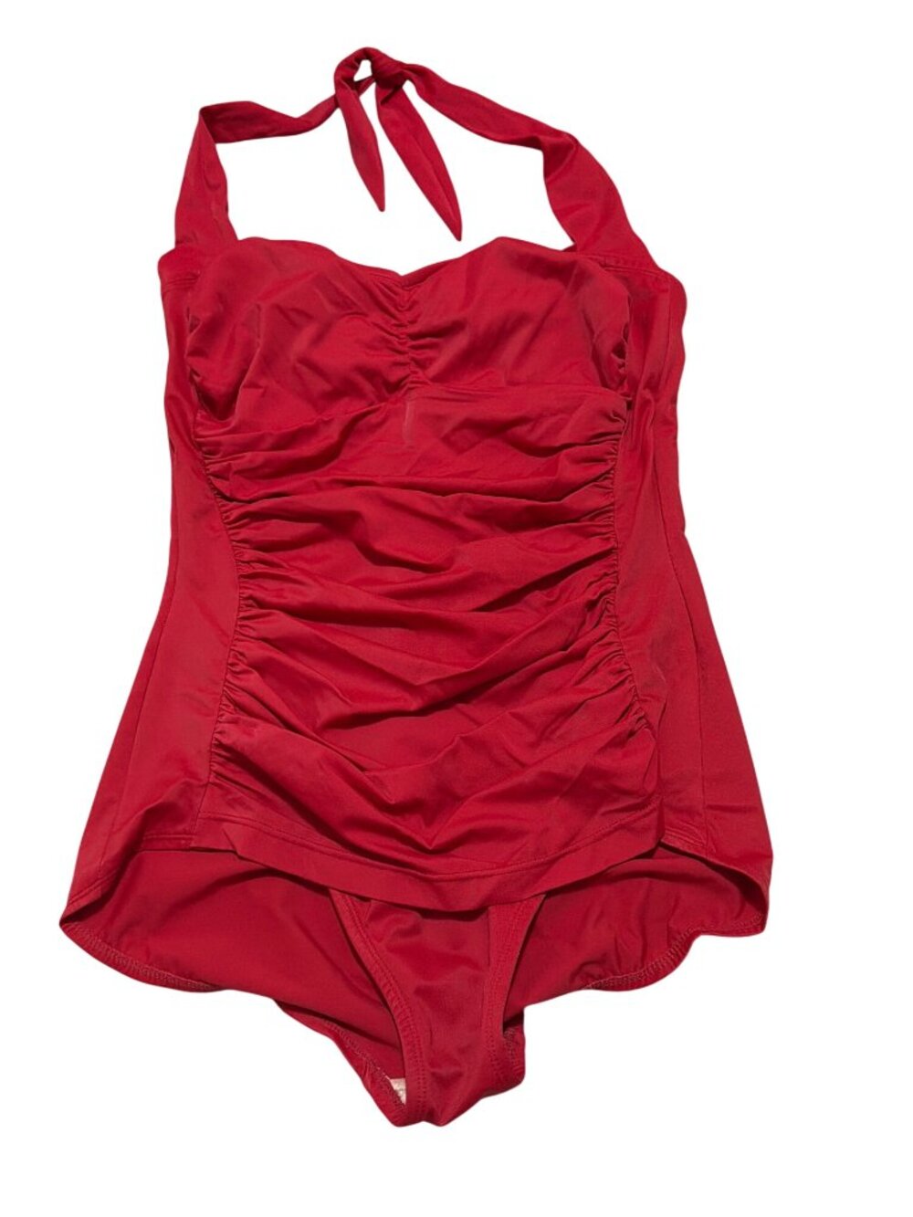 Ruby Ribbon Riviera Red Halter One-Piece Swimsuit Size 12 With Ruched Front & Pa